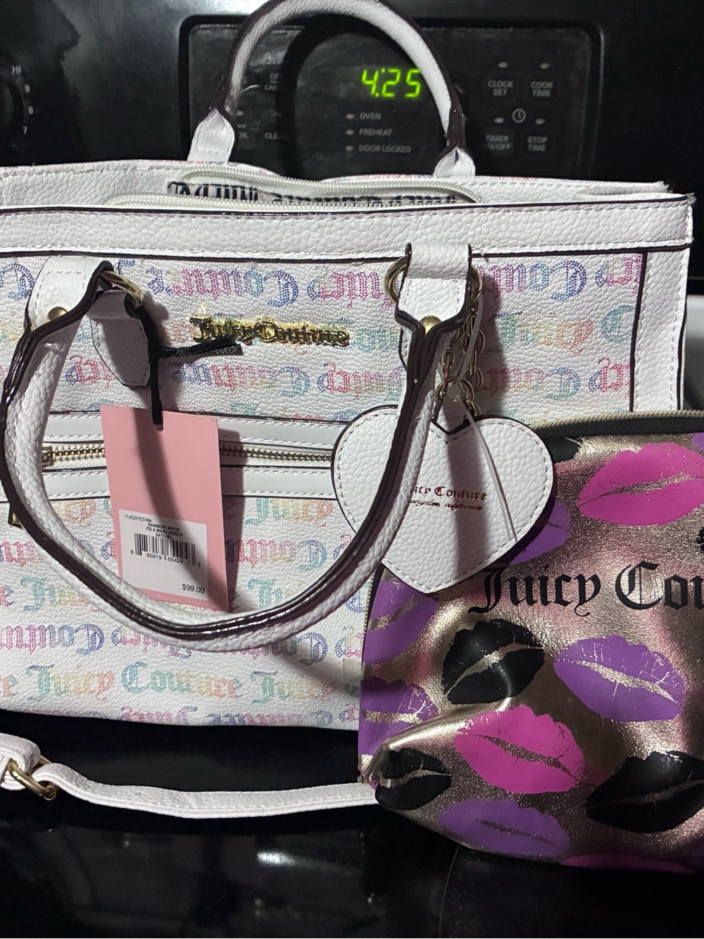 Juicy Couture White Multicolor Logo Tote with Pink & Purple Lip-Print Pouch